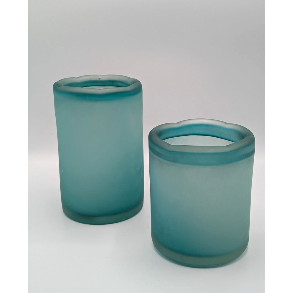 2-Piece Set West Elm Vases Teal Blue Art Glass Cylinders Frosted Hand Blow